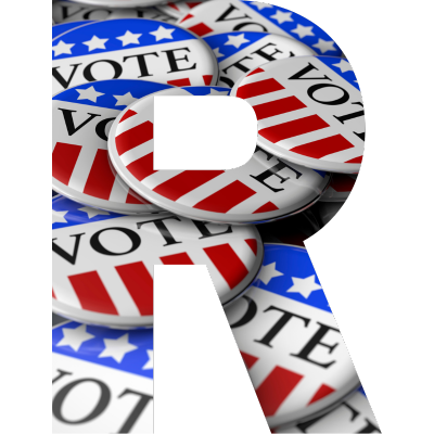 Image of the letter R with red white and blue vote buttons as the letter's coloring.